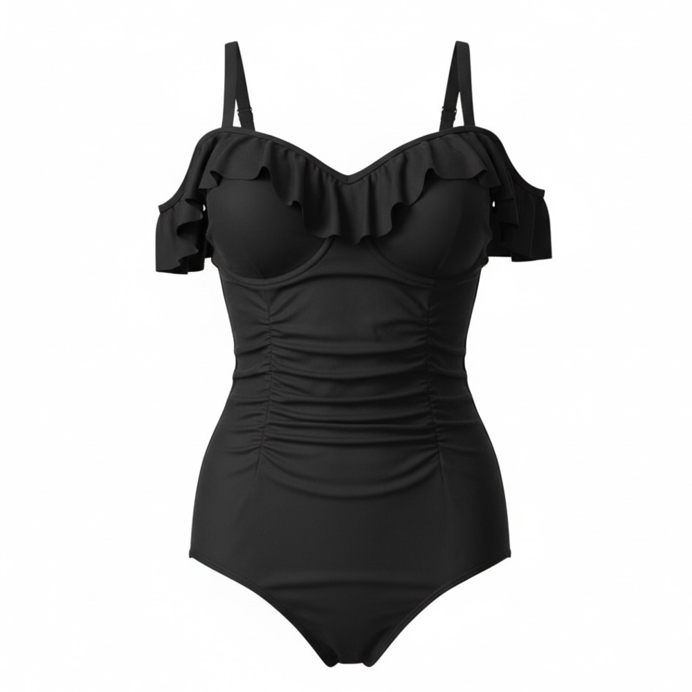 Black Ruffled One-Piece Swimsuit Brand and Size Unknown